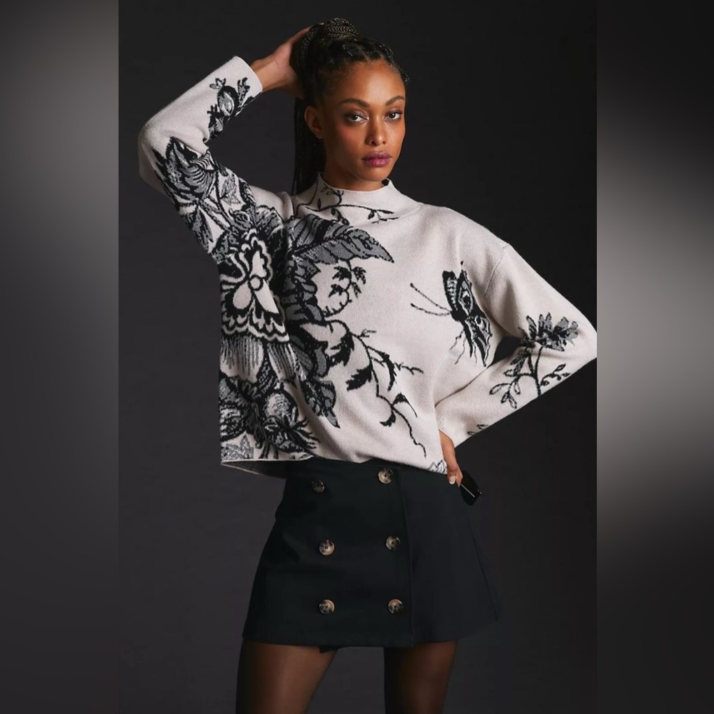 Anthropologie Floral Patterned Sweater - Black, Gray, and Cream